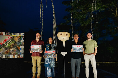 Monopoly Bali Launching at Maya Ubud Resort & Spa ; From left Jesus Gisbert, COO of Maya Resorts; Ni Made Ayu Marthini, Deputy Minister for Marketing at the Ministry of Tourism and Creative Economy of Indonesia; Mr. Monopoly; Ida Bagus Agung Partha Adnyana, Head of the Bali Tourism Board; Jake Houghton, Representative of Winning Moves UK