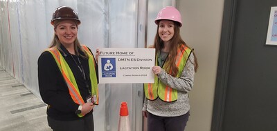 Christine Gray and Haley Penney stand in front of the future site of a DMTN lactation room. By fall 2025, six rooms will be available to new mothers across the location's campus.