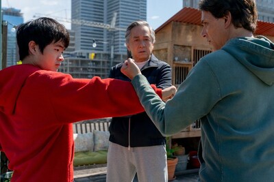 The new Karate Kid, Li (Ben Wang), Mr. Han (Jackie Chan), and Daniel LaRusso (Ralph Macchio) star in the upcoming Karate Kid: Legends film, which includes an exciting cameo by Marco’s Pizza.
