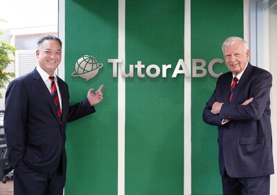 Samuel Yang, CFA (left), Co-Chairman and CEO of TutorABC, and Rodney Miles (right), Co-Chairman of TutorABC, stand together in front of the company logo, looking ahead to the future of global edtech.