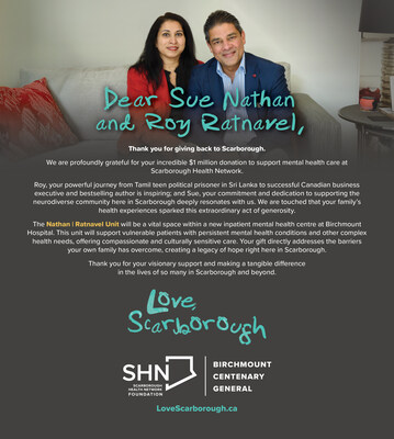 Gift announcement in the Globe & Mail celebrating Sue Nathan and Roy Ratnavel's transformational gift. (CNW Group/Scarborough Health Network Foundation)
