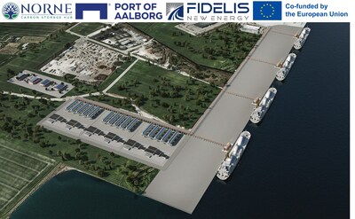 Rendering of Norne’s 15 million tonnes per year CO2 facility at the Port of Aalborg. The areas outside of the Norne reception and temporary storage facilities are also planned for future port related facilities. Rendering of Norne’s 15 million tonnes per year CO2 facility at the Port of Aalborg. The areas outside of the Norne reception and temporary storage facilities are also planned for future port related facilities.