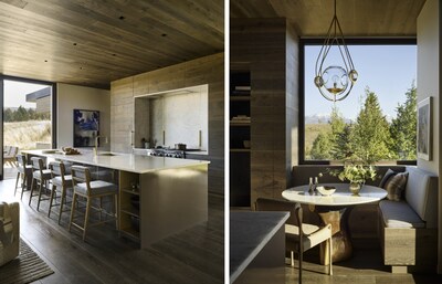 Art by Roberto Edwards overlooks the sleek kitchen, and in the family-favorite adjacent casual dining space, a handblown and hand-carved Alison Berger Glassworks pendant highlights a Jiun Ho table.