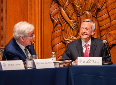 Lt. Gov. Dan Patrick and Dr. Robert Jeffress discuss First Baptist Dallas' religious freedom case as part of the Religious Freedom Commission hearing held in Dallas Dec. 10. Photo provided courtesy of First Baptist Dallas. Lt. Gov. Dan Patrick and Dr. Robert Jeffress discuss First Baptist Dallas' religious freedom case as part of the Religious Freedom Commission hearing held in Dallas Dec. 10. Photo provided courtesy of First Baptist Dallas.