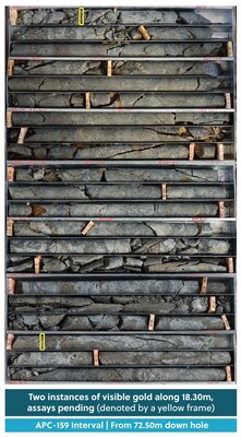 Figure 4: Drill Core from Hole APC-159. Two Individual Instances of Visible Gold Over 18.30 Metres from 72.50 Metres Down Hole; Pending Assay Results (CNW Group/Collective Mining Ltd.)