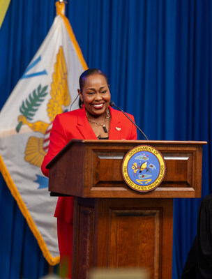 Jennifer Matarangas-King, Commissioner of the U.S. Virgin Islands Department of Tourism, addresses attendees at Government House on St. Croix.