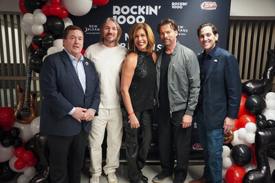 Rockin'1000 U.S. Debut in New Orleans. From left to right: Louisiana Lt. Governor Billy Nungesser, Rockin’1000 President and Founder Fabio Zaffagnini, Hoda Kotb, Harry Connick Jr., Walt Leger, III, President and CEO of New Orleans & Company
